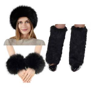 lot 30242 image: Fancylovesotio 5 Pieces Faux Fur Headband Arm Cuffs Leg Warmers Ear Furry Warmers for Cold Weather Furry Costumes (Black) - Retail $20