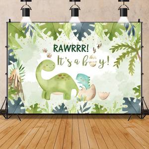 lot 51918 image: 8x6ft Little Dinosaur Its A Boy Backdrop Banner Green Baby Dinosaur That Just Broke Its Shell Baby Shower Photography Background Decorations for Boy Baby Shower Party Decorations Photoshoot Props - Retail $23