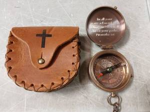 lot 51942 image: Religious Brass Compass with Leather Case - Retail $45