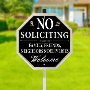 lot 51950 image: Qimshemi No Soliciting Sign for House with Stake, 10 x 10 Inches No Soliciting Yard Sign with 28 Inch Long Stake, Metal Aluminum No Soliciting Signs for Home, Polite No Soliciting Sign for House Funny - Retail $9
