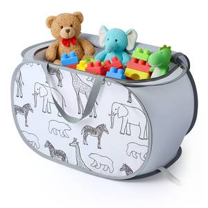 lot 51952 image: Seefoo Foldable Toy Storage Basket with Zipper Lid & Handles - Collapsible Stuffed Animal Organizer Bin, Space-Saving Lightweight Toy Chest for Baby, Kids, Nursery, Living Room - Animal Print, Gray - Retail $11