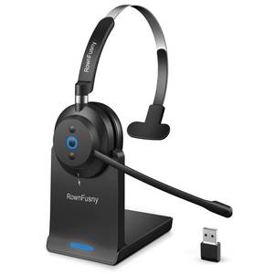 lot 59102 image: Rownfusny Wireless Headset with Mic for Work, Clear Sound Comfortable Computer Headset with Microphone, Bluetooth Headset with Charging Base & USB Dongle for HomeCallCenterTeamsZoomSkype(Black) - Retail $60