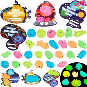 lot 59109 image: JOYIN 28 Packs Valentines Day Gift Cards with Mochi Squishy Toys, Glow in The Dark Mochis, Stress Relief Fidget Toys for Kids Valentines Party Favors, Classroom Exchange School Prizes - Retail $18