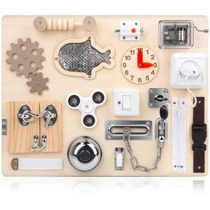 lot 59115 image: Montessori Busy Board for Toddlers 1 2 3 4 Year Old, Wooden Sensory Toys, Preschool Learning Activities for Fine Motor Skills Travel Toy, Basic Life Skills Educational Gifts for Age 1-3 Kids Boy Girl - Retail $40