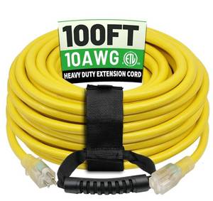lot 59126 image: POWGRN 100 Ft 10AWG Outdoor Extension Cord Waterproof Heavy Duty, 3 Prong Flexible Cold-Resistant Long Power Cord Outside with Lighted Indicator End, 15Amp 1875W SJTW, Yellow ETL - Retail $70