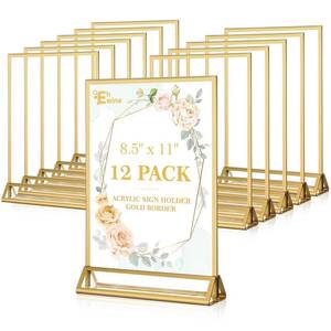 lot 59140 image: EHWINE 12 Pack Acrylic Sign Holder 8.5 x 11, Double Sided Gold Picture Frame Stand up Table Top Sign Holders, Clear Display Stand Menu Flyer Holder for Wedding Party (Provide Non-slip Mats) - Retail $51