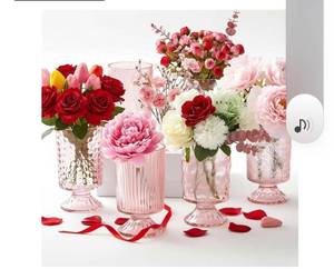 lot 59141 image: 6 Pcs (H7 W4) Embossed Flower Vase Pedestal Glass Vase Big Base Thickened Crystal Vintage Vases for Valentines Day Wedding Home Decor Table Centerpiece House Warming