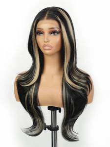 lot 59143 image: cuiud Skunk Stripe Wig Glueless Lace Front Wigs Pre Plucked Synthetic Layered Wave Black and Blond wig 13x4 Wear and Go Wig for Black Women Beginner Friendly - Retail $44