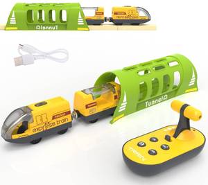 lot 59150 image: Battery Operated Train for Wooden Track, Electric Train Set Includes Remote Control Locomotive Train & Train Tunnel, Motorized Train Toy for Toddlers Compatible with Thomas, Brio, Chuggington - Retail $20