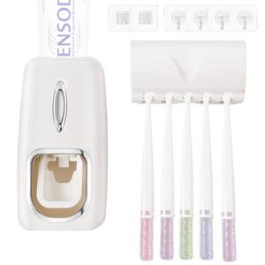 lot 59153 image: RIDGEPOLE Toothbrush Holder and Toothpaste Dispenser Set, Automatic Toothpaste Squeezer Dispenser, Dispenser Toothpaste Squeezer Kit, Wall Mounted Bathroom Accessories (White) - Retail $7