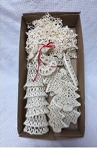 lot 15 image: Lot of 39 Handmade Crochet Lace Ornaments with Red Ribbons