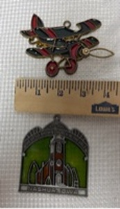 lot 23 image: Little Brown Church Pin & Biplane Stained Glass Ornament Set