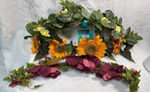 lot 83 image: 3-Piece Artificial Mixed Flower Garland with Sunflowers and Burgundy Magnolias