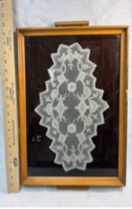 lot 99 image: Wooden Serving Tray w Framed White Lace Doily Display