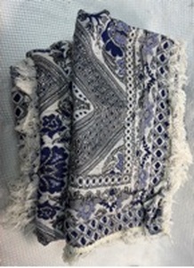 lot 101 image: Fringed Navy and White Geometric Floral Pattern Throw Blanket w 2 Pillow Covers