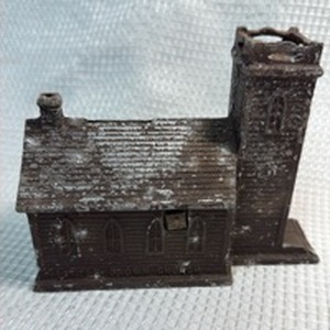 lot 147 image: Little Brown Church Cast Iron Bank, filled with coins