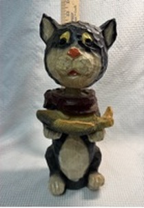 lot 174 image: Hand-Carved Wooden Black Cat with Fish Bobblehead Figurine