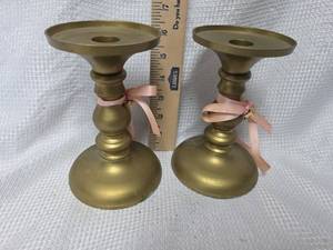 lot 244 image: Brass Candlesticks with Pink Ribbon