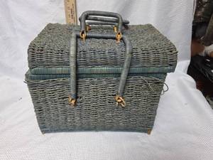 lot 288 image: Vintage Gray Wicker Sewing Basket with Plaid Lining