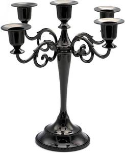 lot 25453 image: Black Candelabra Candle Holders for Pillar Candles 10.6 inch Tall, 5 Candle Candlestick Holder for 12-1 inch Taper Candles Halloween Candelabra Decoration Easy Assembly (Black) - Retail $22