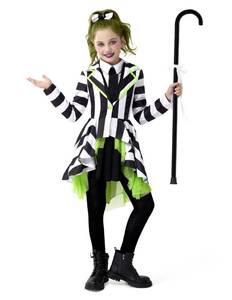 lot 25463 image: Spooktacular Creations Halloween Costume for Girls, Horror Black and White Vertical Striped Costume for Kids, Halloween Dress Up, Role Play, Cosplay Party