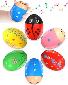 lot 25471 image: 6 Pack Wooden Percussion Musical Shaker Prefilled Easter Eggs with Toys Inside Filled, Toddlers Easter Basket Stuffers Egg Fillers Montessori Toys Gifts for Kids Boys Girls Babies - Retail $8