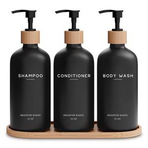 lot 25482 image: Black Shampoo and Conditioner Dispenser Set by Brighter Barns - Body Wash, Shampoo Dispenser for Shower with Pump - Refillable Plastic Shower Soap Dispenser for Bathroom Decor in Home, Airbnb (Black) - Retail $27