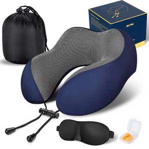 lot 25484 image: Travel Pillow 100% Pure Memory Foam Neck Pillow, Comfortable & Breathable Cover, Machine Washable, Airplane Travel Kit with 3D Contoured Eye Masks, Earplugs, and Luxury Bag, Standard (Blue) - Retail $24