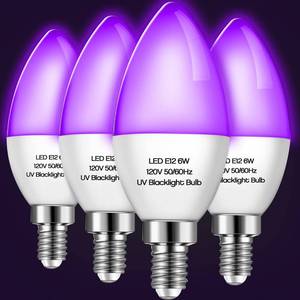 lot 25490 image: 4 Pieces LED Black Light Bulb 6w E12 Base Blacklight Candle Bulb Glow in The Dark Party Level 395-400 Nm Halloween Black Lights for Home Stage DJ Disco, Body Paint, Neon Fluorescent Poster - Retail $14