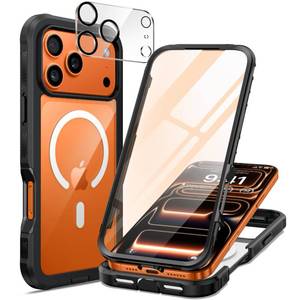 lot 25499 image: iPhone 17 Pro Case, Full Body Bumper with Built-in 9H Tempered Glass Screen and Camera Lens Protector, Compatible with MagSafe, Shockproof 17 Pro Phone Case, 6.3, Black - Retail $20