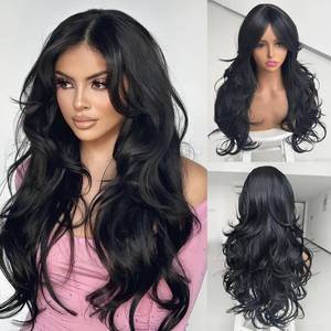 lot 25504 image: Black Wavy Wigs for Women Long Layered Wig with Curtain Bangs Long Black Layered Synthetic Wavy Body Wave Haircut Middle Part Natural Looking Hair for Women Daily Party Use 1B 24Inch - Retail $26