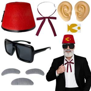 lot 25517 image: 8 Pcs Halloween Old Man Costumes Accessories, Red Fez Hat, Gray Beard Eyebrow, Black Square Glasses, Fake Ears, Long Silk Bow Tie for Halloween Men Cosplay Dress up