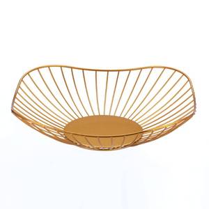 lot 25519 image: Short Curved-Edge Modern Creative Stylish Single Tier Dish, Metal Iron Wire Fruit Vegetables Bread Decorative Stand Serving Bowls Basket Holder (Square Dish) (Gold) - Retail $14