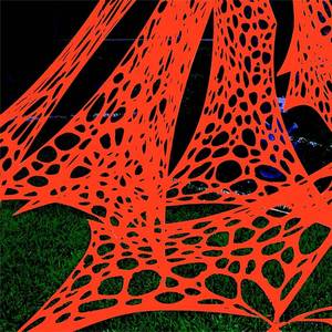 lot 25523 image: 700 Sqft Giant Durable Spider Web Halloween Decorative Outdoor, Beef Web for Glow in The Dark Spider Web, Orange Giant Spider Outdoor Decor Set with 3 Blacklight (24FT x 4FT) - Retail $7