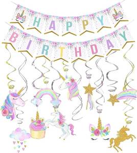 lot 25524 image: Unicorn Birthday Decorations, Rainbow Unicorn Party Supplies with Banner and Hanging Swirls for Girls Birthday Party - Retail $9
