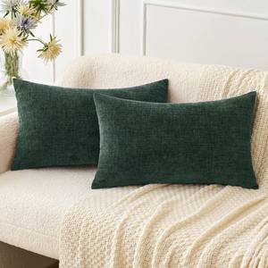 lot 25533 image: Pack of 2 Green Throw Pillow Covers 12x20 Inch Soft Chenille Lumbar Pillow Covers for Sofa Living Room Couch Solid Dyed Cases - Retail $18
