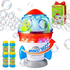 lot 25544 image: Rocket-Shaped Bubble Machine for Kids & Pets - Dual Powerful Bubble Outlets, Automatic 360° Rotation, Adjustable LED Lights & Music �� Ideal for IndoorOutdoor Birthday Parties - Retail $38