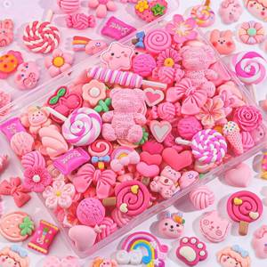 lot 25559 image: 60PCS TINKRSTUFF Pink Slime Charms Cute Flatback Resin Charms for Slime, Random Kawaii Decoden Charm for Embellishments Phone Junk Case Charms Bulk Rainbow Bow Heart Lollipop, Scrapbooking DIY Decor - Retail $10