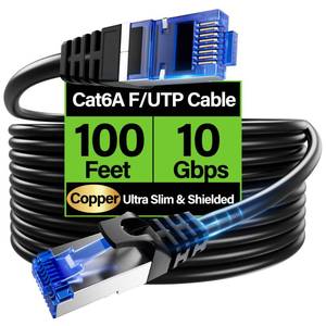 lot 25562 image: Cat6A Ethernet Cable Shielded 10Gbps 100 ft, Slim Shielded (FUTP) Ethernet Cable Cat 6, Flexible 28AWG Bare Copper Cat6 Cable, Space-saving Cat 6a Network Cable for Server, Data Center, Black - Retail $20