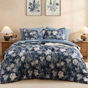 King Comforter Set -7 Pieces Floral Antique Blue Comforter Set for All Seasons, Bed in a Bag King with Botanical Flowers Comforter, Sheets, Pillowcases & Shams - Retail: $80