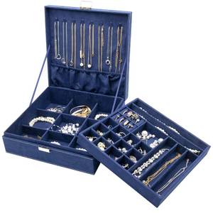 lot 25588 image: Velvet Jewelry Box Organizer for Women, 2 Layer Jewelry Display Storage Holder Case for Necklace Earrings Bracelets Rings -Navy - Retail $31