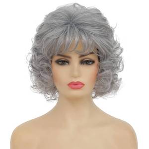 lot 25605 image: Short Grey Curly Women Wigs with Bangs Natural Synthetic Hair Layered Old Ladies Heat Resistant Daily Halloween Full Wigs - Retail $19