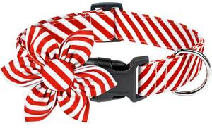 lot 25609 image: Christmas Dog Collar with Flower, Red Dog Christmas Collar with Buckle Adjustable Cotton Collar for Small Medium Large Dogs Puppy (Red Stripe, Small) - Retail $12