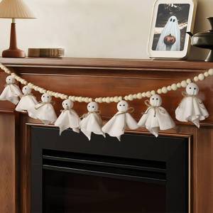 lot 25611 image: 7.2 FT Halloween Garland Ghost Decorations, Adjustable Hanging Cute Ghost Garland Mantel Decor, Handmade Wooden Beads Halloween Banner for Fireplace Home Room Indoor Outdoor Office Wall Party Supplies - Retail $10
