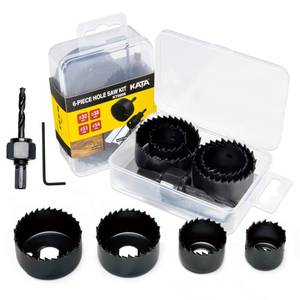 lot 25616 image: KATA 6PCS Hole Saw Kit 1-14 to 2-18(32-54mm) Hole Saw Set in Case with Mandrels and Hex Key for Soft Wood, PVC Board, Plywood - Retail $8