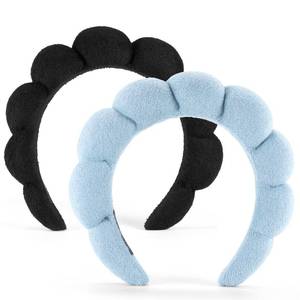 lot 25626 image: Face Wash Headband, Set of 2 - Terry Cloth Spa Headbands for Washing Face or Facial, Puffy Makeup Headbands for Skincare, Mask, Hair Salon, Professional Use (Black & Blue) - Retail $10