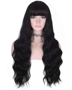 lot 25628 image: Long Wavy Black Wig with Bangs for Women Heat Resistant Synthetic Hair Wigs for Daily Use(Black) - Retail $19
