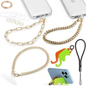 lot 25634 image: 3 pcs Phone Charm with Gold Metal Chain Detachable Lanyard Hand Wrist Smartphone Strap Finger Grip Strap with 4 Patches Tether Cellphone Stand Holder Universal for iPhone 17 16 Pro Max Charms - Retail $14