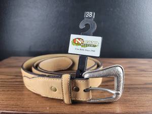 lot 2926 image: Nocona Tan Leather Belt with Silver Buckle - Size 38
