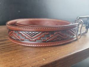 lot 2928 image: Express Rider Brown Leather Belt with Geometric Pattern - Size 40